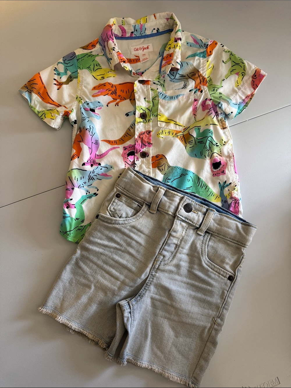 Tie Dye Rad Dino Button Up w/ Light Denim Shorts Summer Outfit 18 Months NWOT